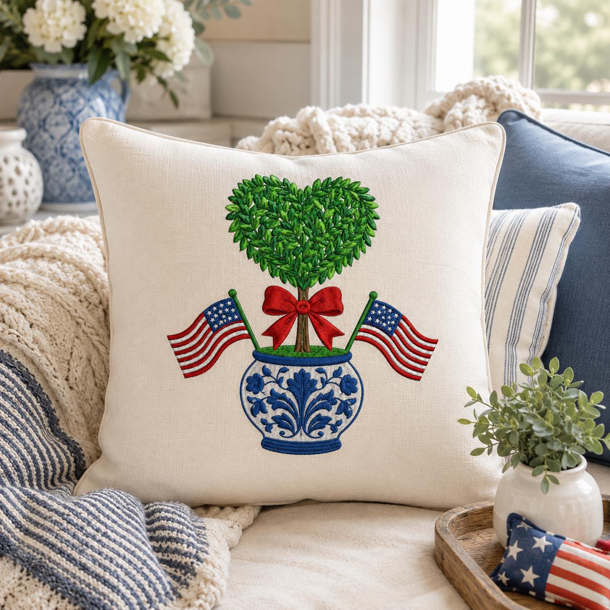 Heart Boxwood Topiary Embroidery Design, Patriotic Chinoiserie Vase Machine File, American Flag 4th of July Bow, 5 sizes, Digital Download - image 4