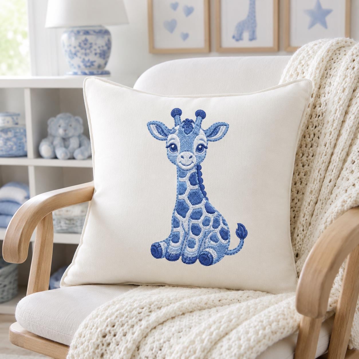 Chinoiserie Giraffe Embroidery Design, Blue Safari Animal Machine Embroidery File, Preppy Nursery File, 5 sizes, Digital Download - image 4