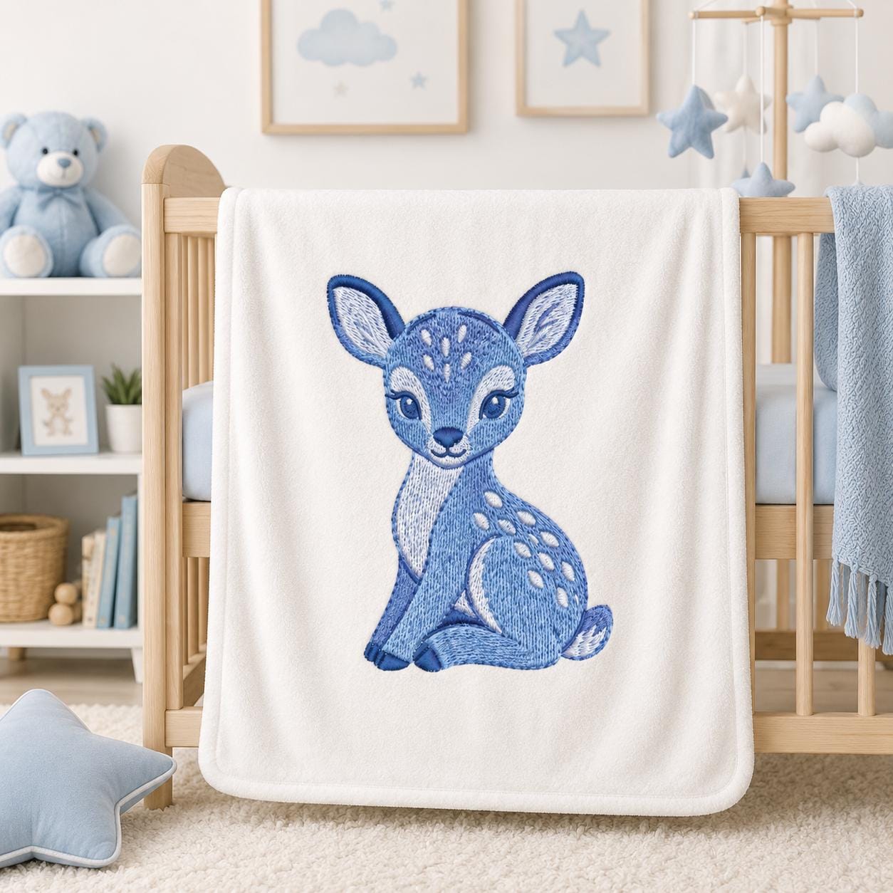 Chinoiserie Deer Embroidery Design, Blue Fawn Woodland Animal Machine Embroidery File, Preppy Nursery File, 5 sizes, Digital Download - image 3