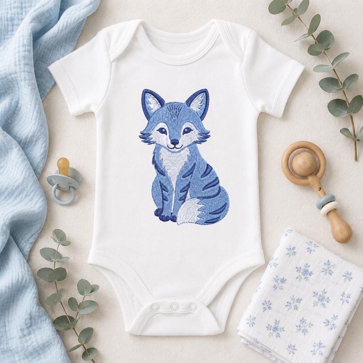 Chinoiserie Fox Embroidery Design, Blue Woodland Animal Machine Embroidery File, Preppy Nursery File, 5 sizes, Digital Download - image 6