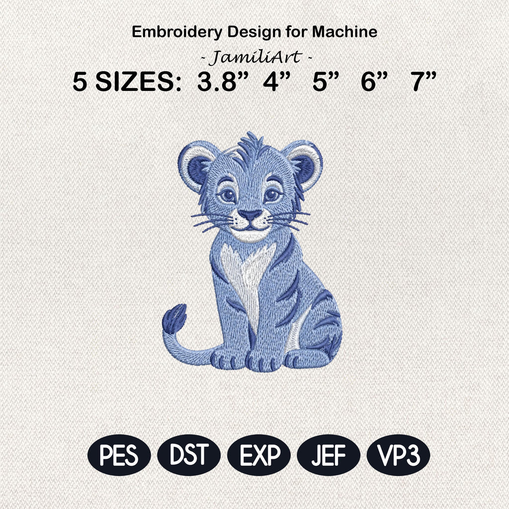 Chinoiserie Lion Embroidery Design, Blue Safari Cub Machine Embroidery File, Preppy Nursery File, 5 sizes, Digital Download