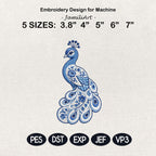 Chinoiserie Peacock Embroidery Design, Blue Bird Machine Embroidery File, Preppy Elegant Animal File, 5 sizes, Digital Download