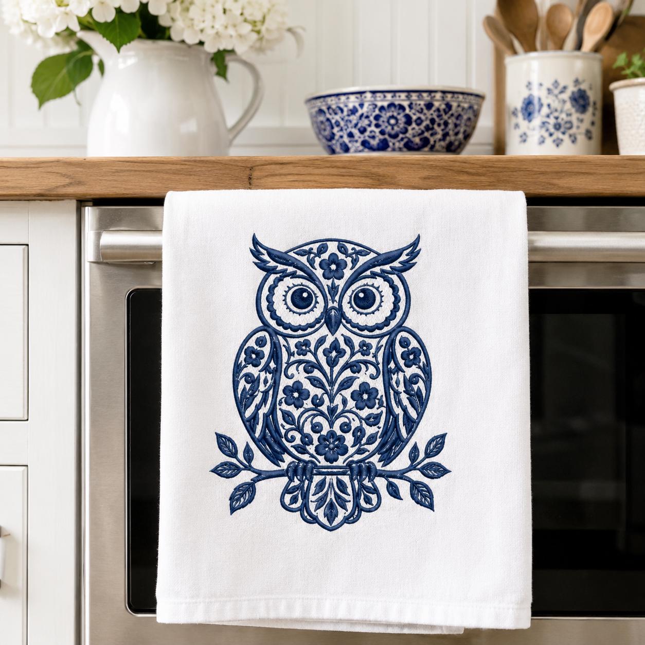 Chinoiserie Owl Embroidery Design, Blue Floral Owl Machine Embroidery File, Preppy Bird Stitch, 5 sizes, Digital Download - image 5
