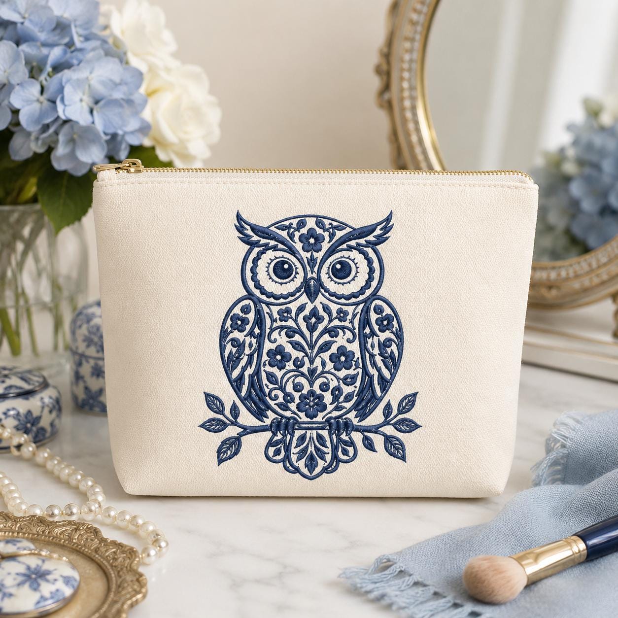 Chinoiserie Owl Embroidery Design, Blue Floral Owl Machine Embroidery File, Preppy Bird Stitch, 5 sizes, Digital Download - image 7