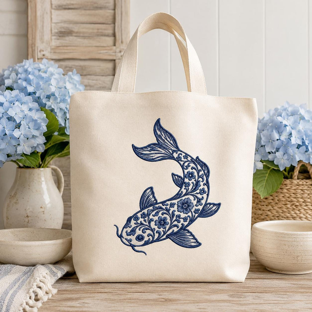 Chinoiserie Koi Fish Embroidery Design, Blue Floral Fish Machine Embroidery File, Asian Inspired Stitch Art, 5 sizes, Digital Download - image 4