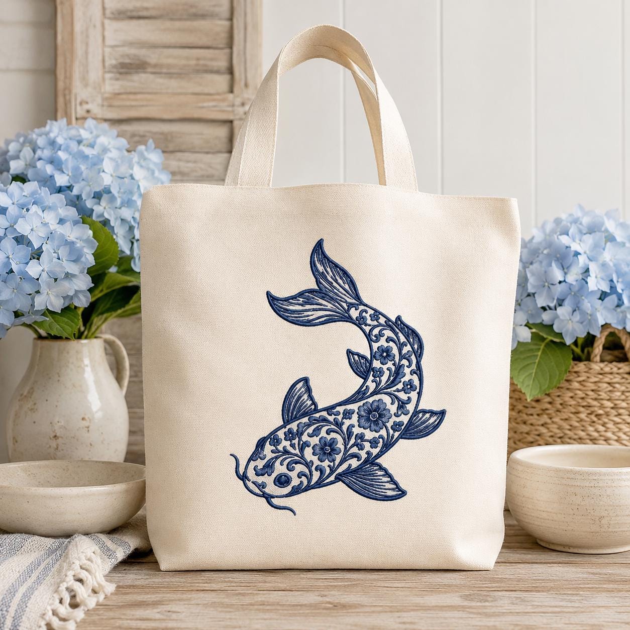 Chinoiserie Koi Fish Embroidery Design, Blue Floral Fish Machine Embroidery File, Asian Inspired Stitch Art, 5 sizes, Digital Download - image 4