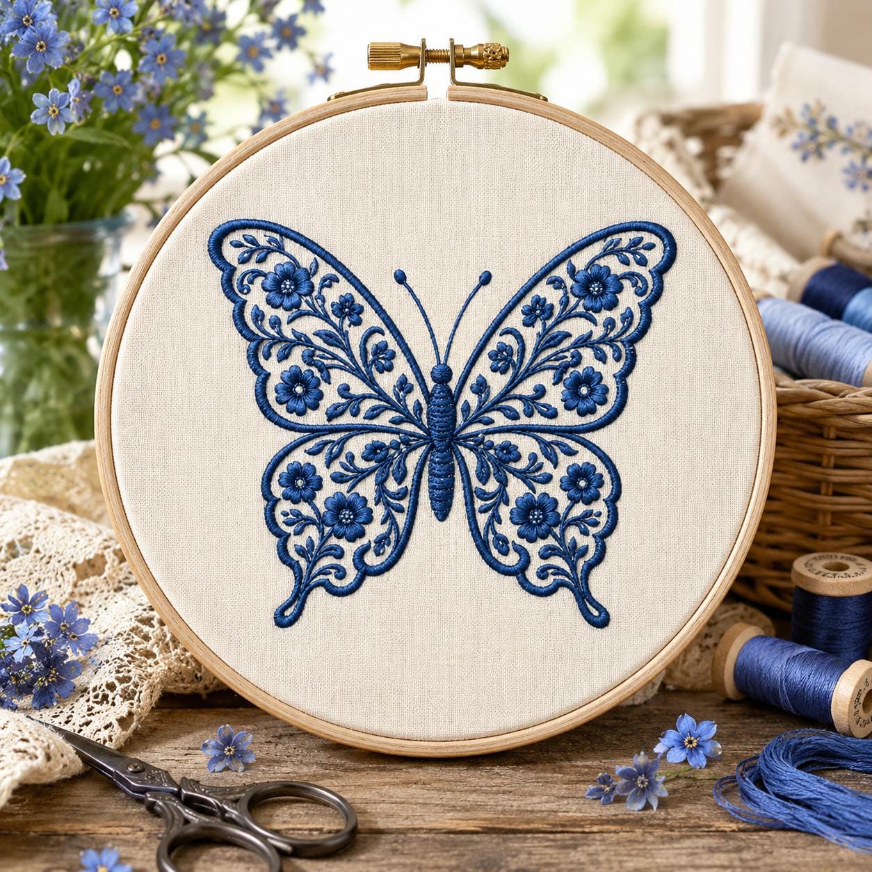 Chinoiserie Butterfly Embroidery Design, Blue Floral Butterfly Machine Embroidery File, Preppy Garden Stitch, 5 sizes, Digital Download - image 7