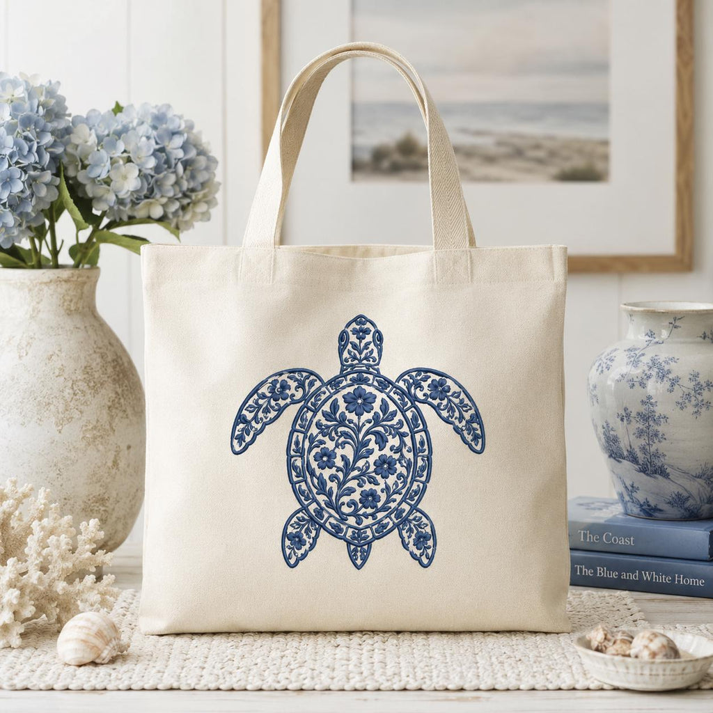 Chinoiserie Turtle Embroidery Design, Blue Floral Sea Turtle Machine Embroidery File, Coastal Preppy Stitch, 5 sizes, Digital Download - image 4