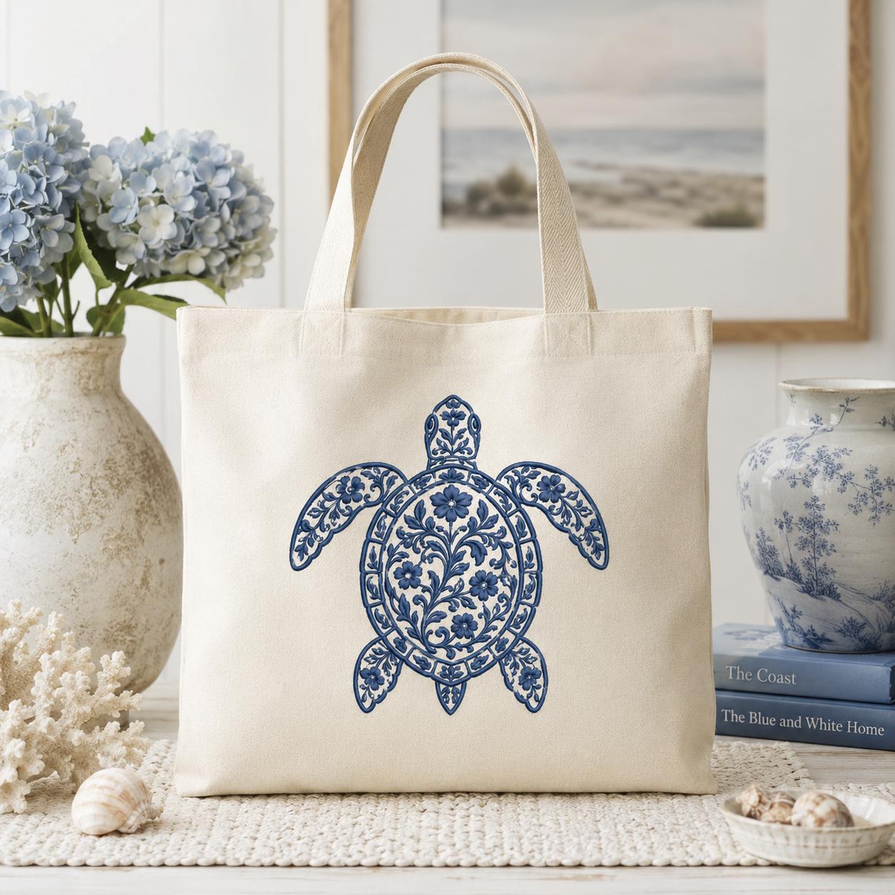 Chinoiserie Turtle Embroidery Design, Blue Floral Sea Turtle Machine Embroidery File, Coastal Preppy Stitch, 5 sizes, Digital Download - image 4