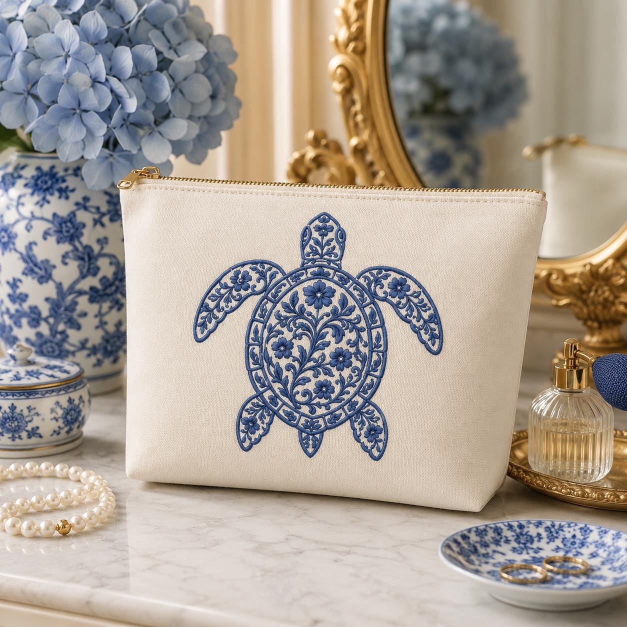 Chinoiserie Turtle Embroidery Design, Blue Floral Sea Turtle Machine Embroidery File, Coastal Preppy Stitch, 5 sizes, Digital Download - image 7