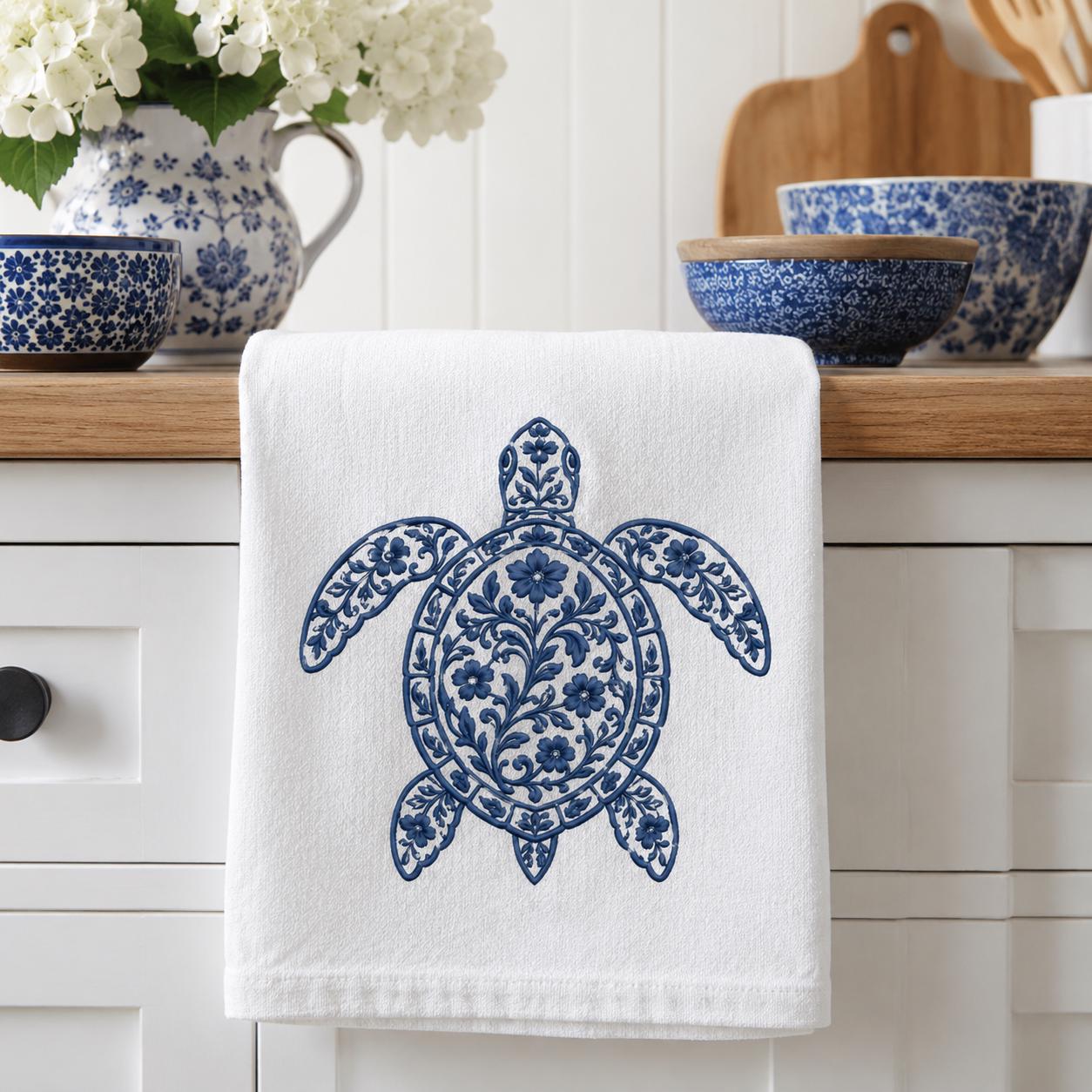 Chinoiserie Turtle Embroidery Design, Blue Floral Sea Turtle Machine Embroidery File, Coastal Preppy Stitch, 5 sizes, Digital Download - image 5