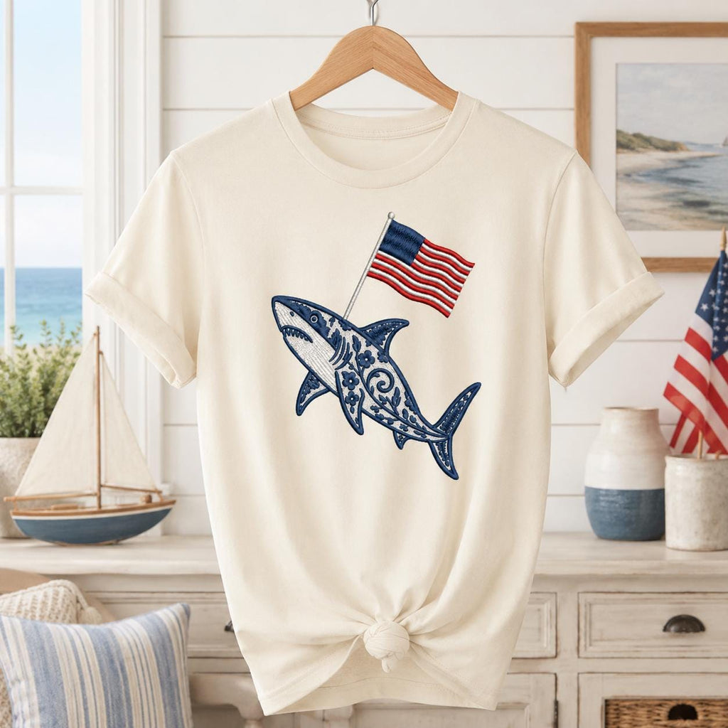 Chinoiserie Shark Embroidery Design with USA Flag, Patriotic Nautical Sea Life, 4th of July Machine Embroidery, 5 sizes, Digital Download - image 3