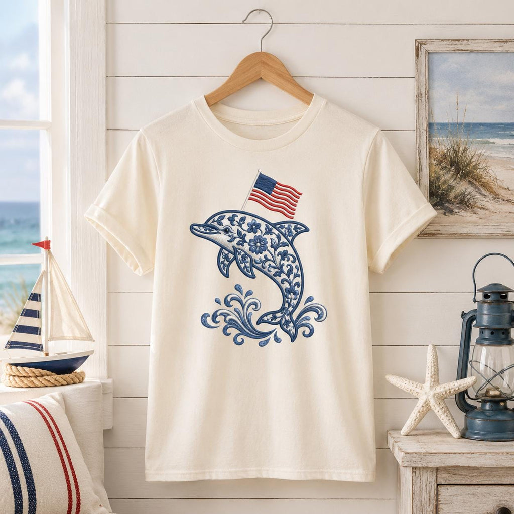 Chinoiserie Dolphin Embroidery Design with USA Flag, Patriotic Coastal Sea Life, 4th of July Machine Embroidery, 5 sizes, Digital Download - image 3