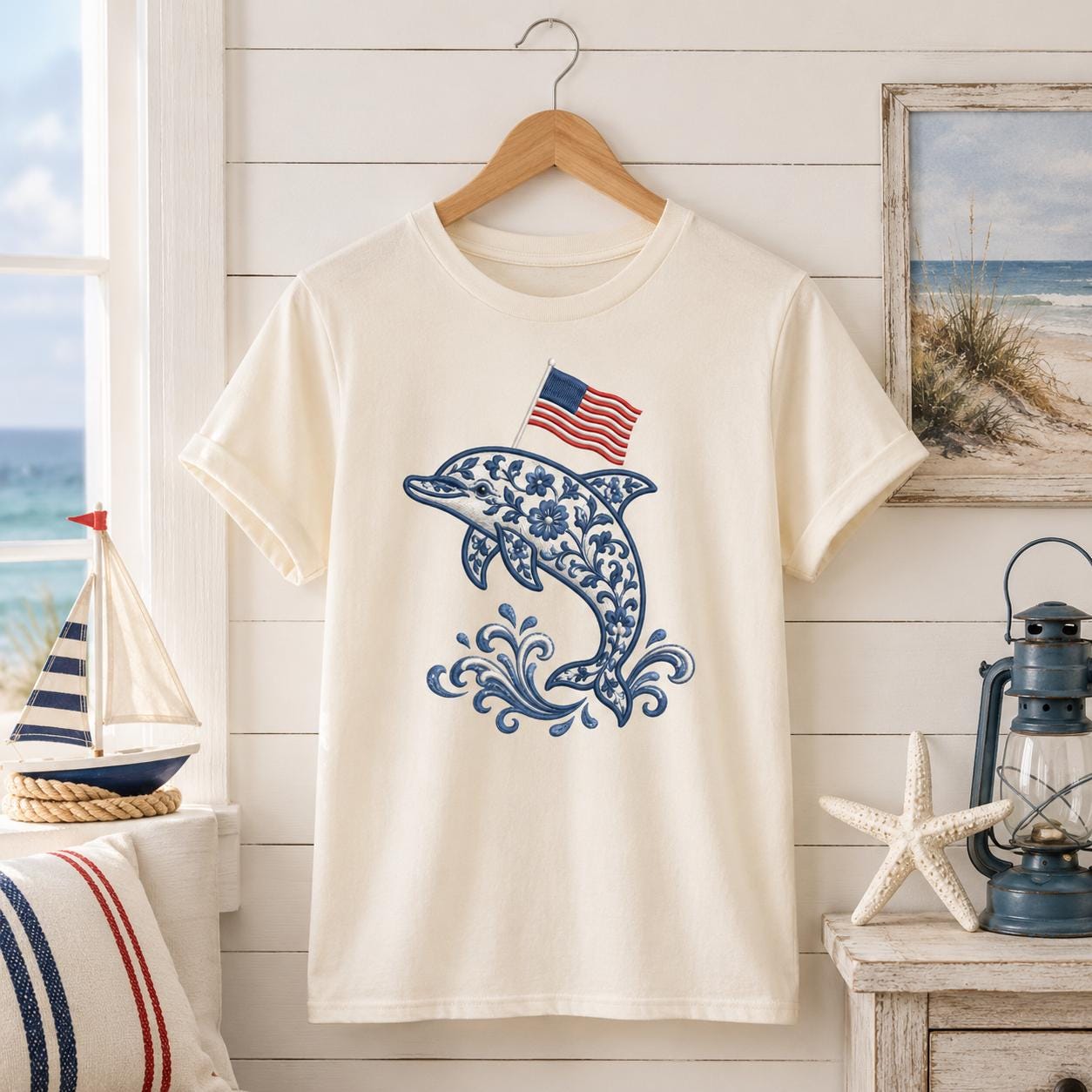Chinoiserie Dolphin Embroidery Design with USA Flag, Patriotic Coastal Sea Life, 4th of July Machine Embroidery, 5 sizes, Digital Download - image 3