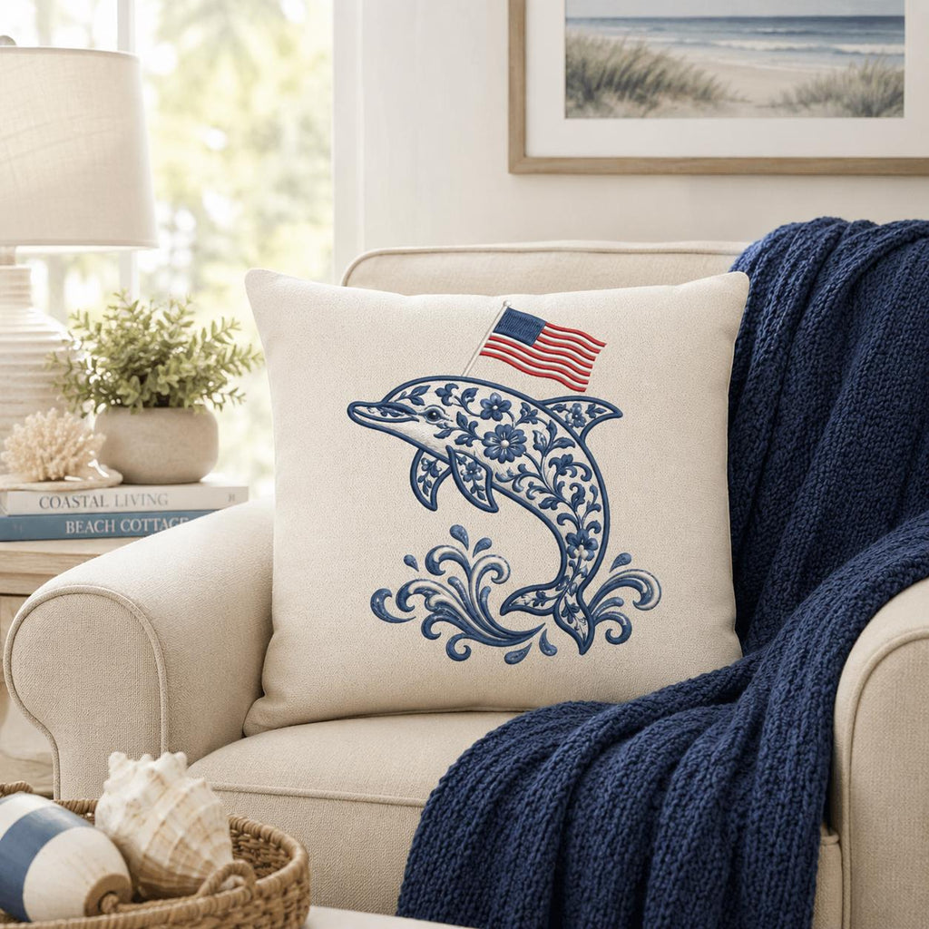 Chinoiserie Dolphin Embroidery Design with USA Flag, Patriotic Coastal Sea Life, 4th of July Machine Embroidery, 5 sizes, Digital Download - image 5