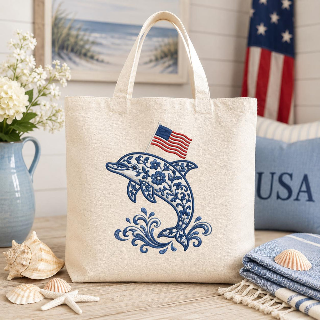 Chinoiserie Dolphin Embroidery Design with USA Flag, Patriotic Coastal Sea Life, 4th of July Machine Embroidery, 5 sizes, Digital Download - image 4