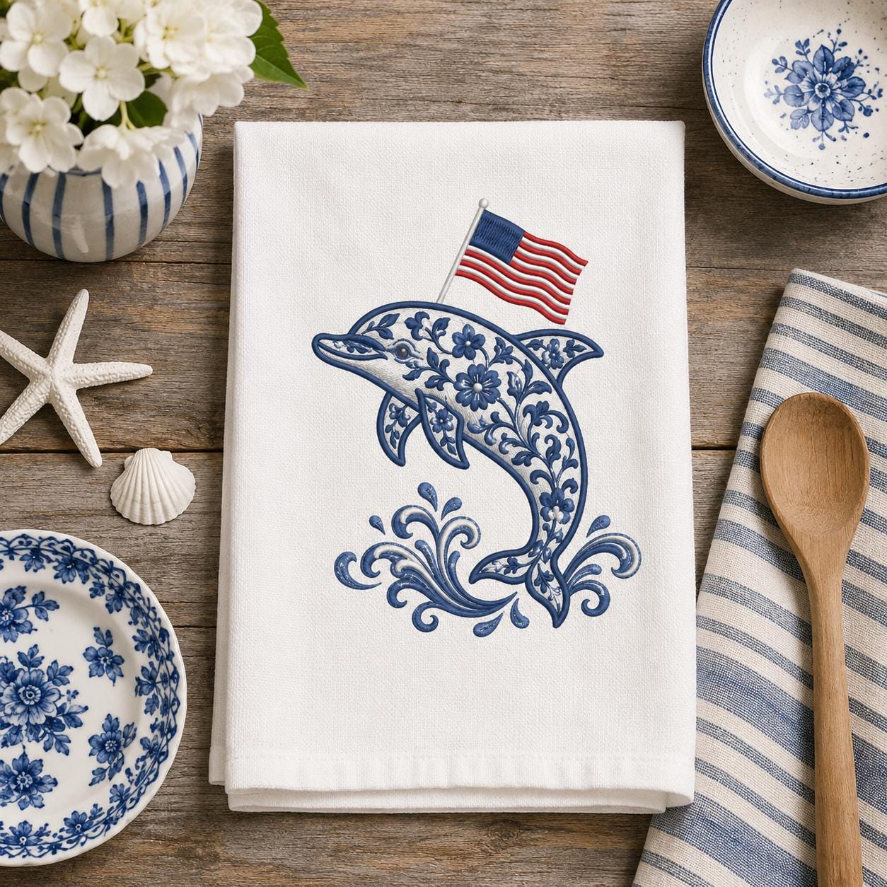 Chinoiserie Dolphin Embroidery Design with USA Flag, Patriotic Coastal Sea Life, 4th of July Machine Embroidery, 5 sizes, Digital Download - image 6