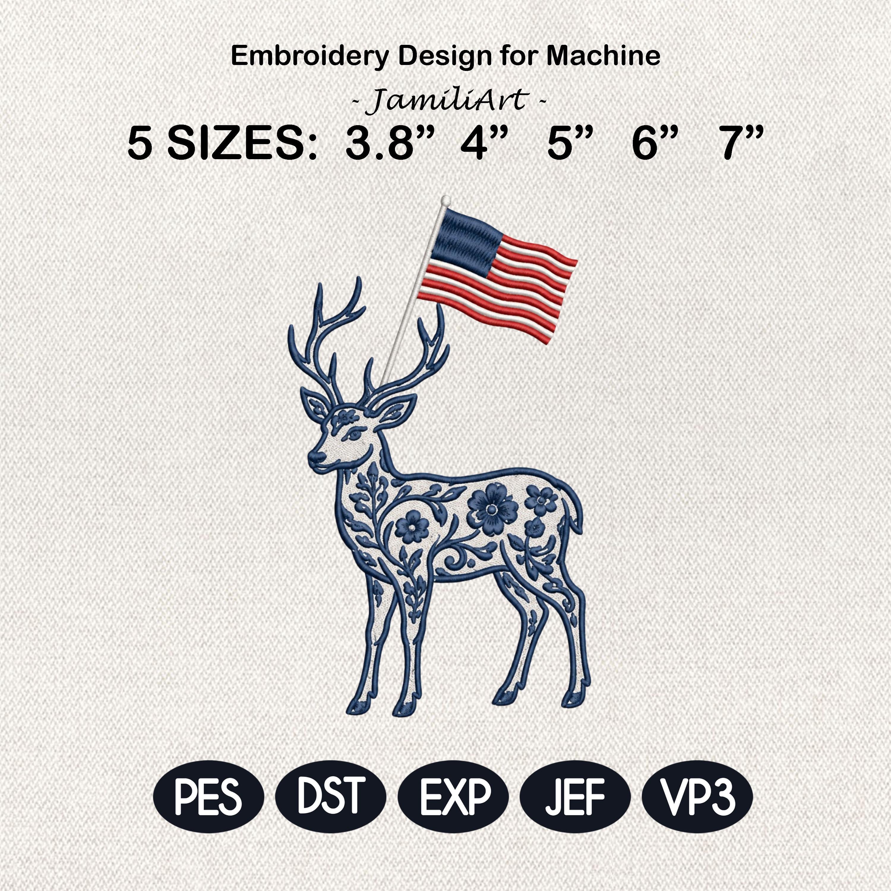 Chinoiserie Deer Embroidery Design with USA Flag, Patriotic Stag Machine Embroidery, 4th of July Woodland Animal, 5 sizes, Digital Download