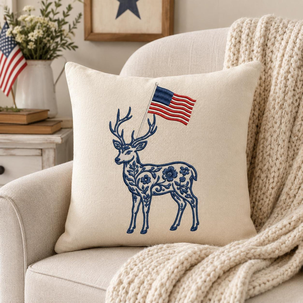 Chinoiserie Deer Embroidery Design with USA Flag, Patriotic Stag Machine Embroidery, 4th of July Woodland Animal, 5 sizes, Digital Download - image 3