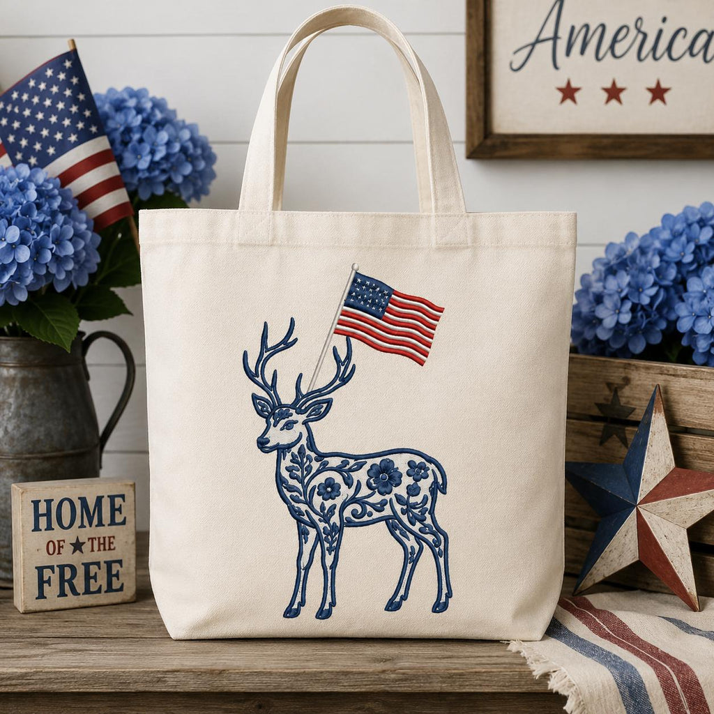 Chinoiserie Deer Embroidery Design with USA Flag, Patriotic Stag Machine Embroidery, 4th of July Woodland Animal, 5 sizes, Digital Download - image 4