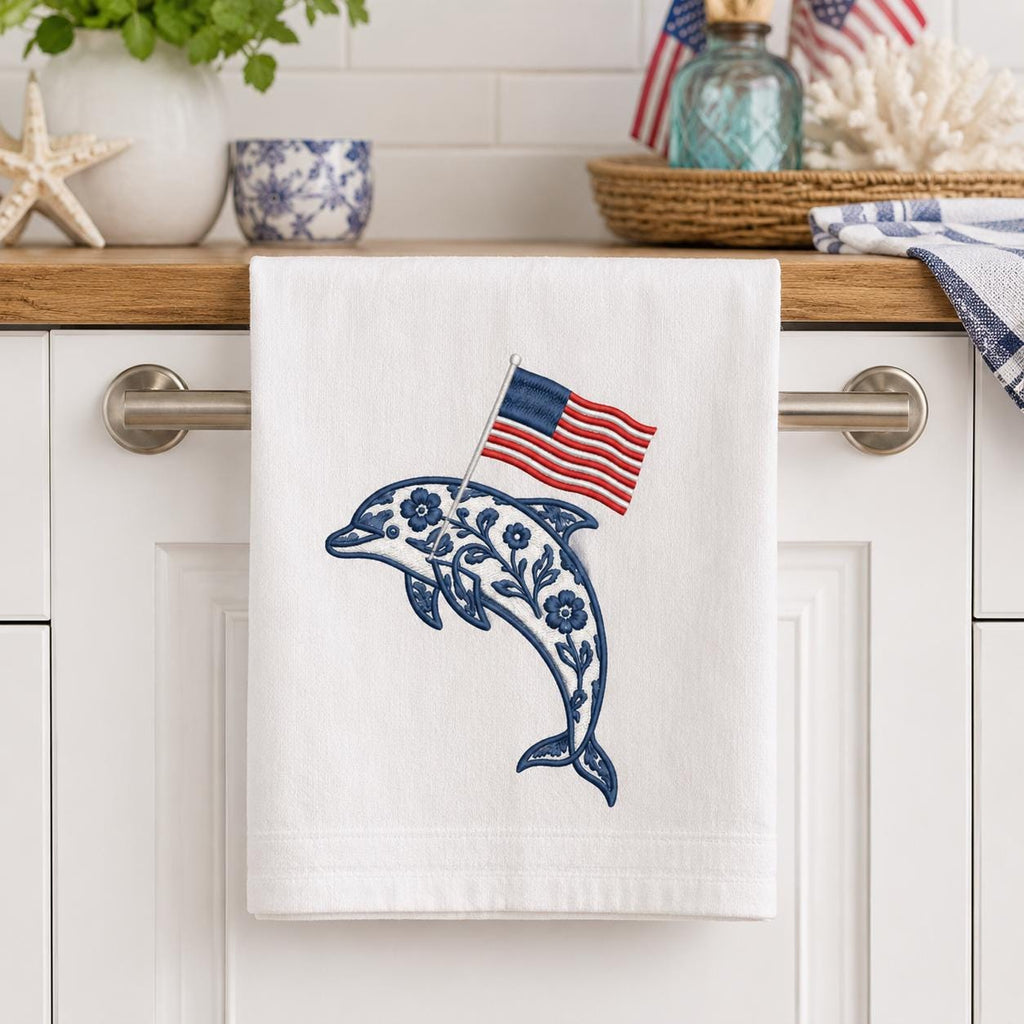Chinoiserie Dolphin Embroidery Design with USA Flag, Patriotic Nautical Animal Machine Embroidery, 4th of July, 5 sizes, Digital Download - image 5