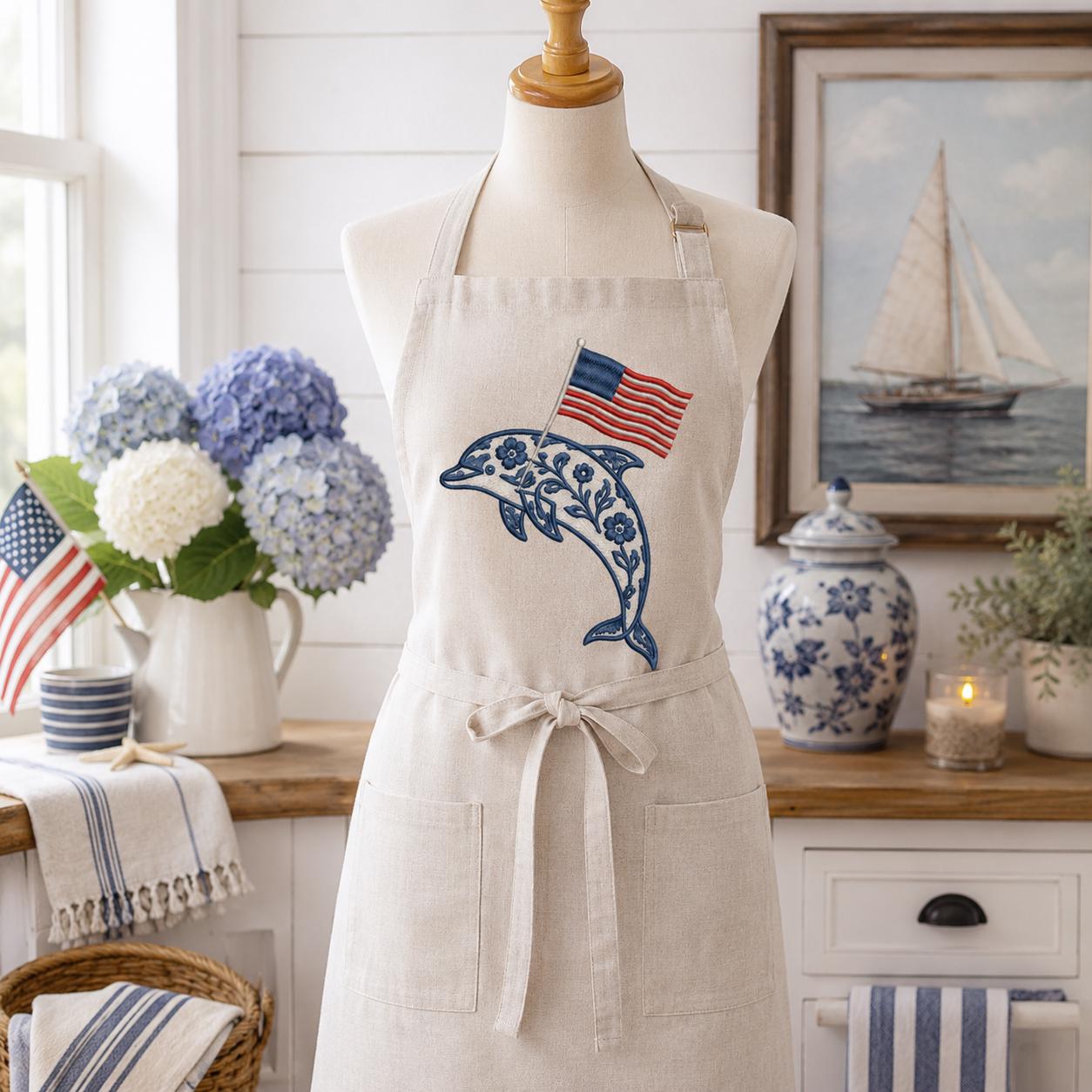 Chinoiserie Dolphin Embroidery Design with USA Flag, Patriotic Nautical Animal Machine Embroidery, 4th of July, 5 sizes, Digital Download - image 6