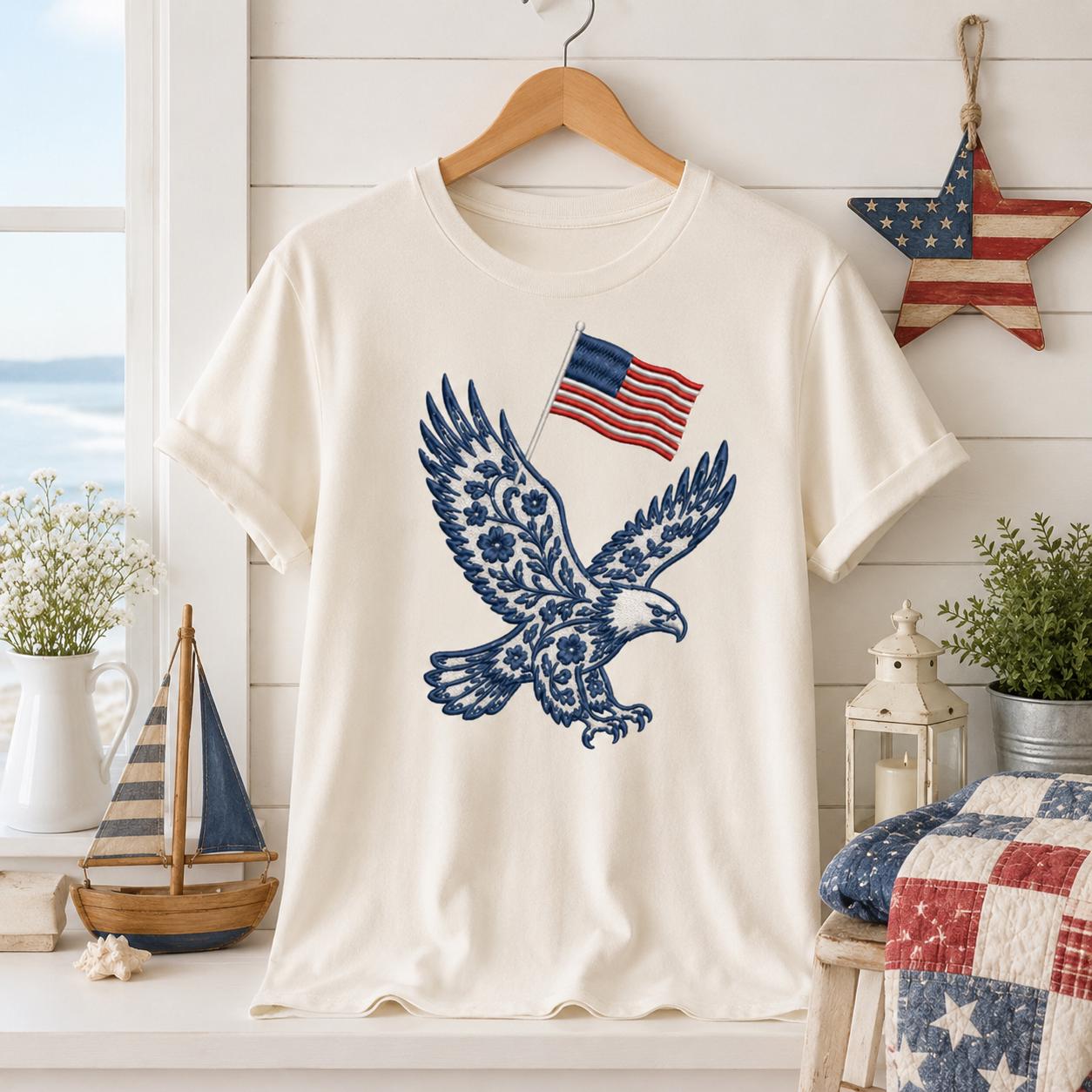Chinoiserie Eagle Embroidery Design with USA Flag, Patriotic American Bird Machine Embroidery File, 4th of July, 5 sizes, Digital Download - image 3