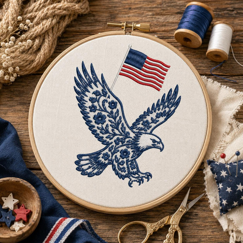 Chinoiserie Eagle Embroidery Design with USA Flag, Patriotic American Bird Machine Embroidery File, 4th of July, 5 sizes, Digital Download - image 7