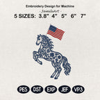 Chinoiserie Horse Embroidery Design with USA Flag, Patriotic Western Animal Machine Embroidery File, 4th of July, 5 sizes, Digital Download