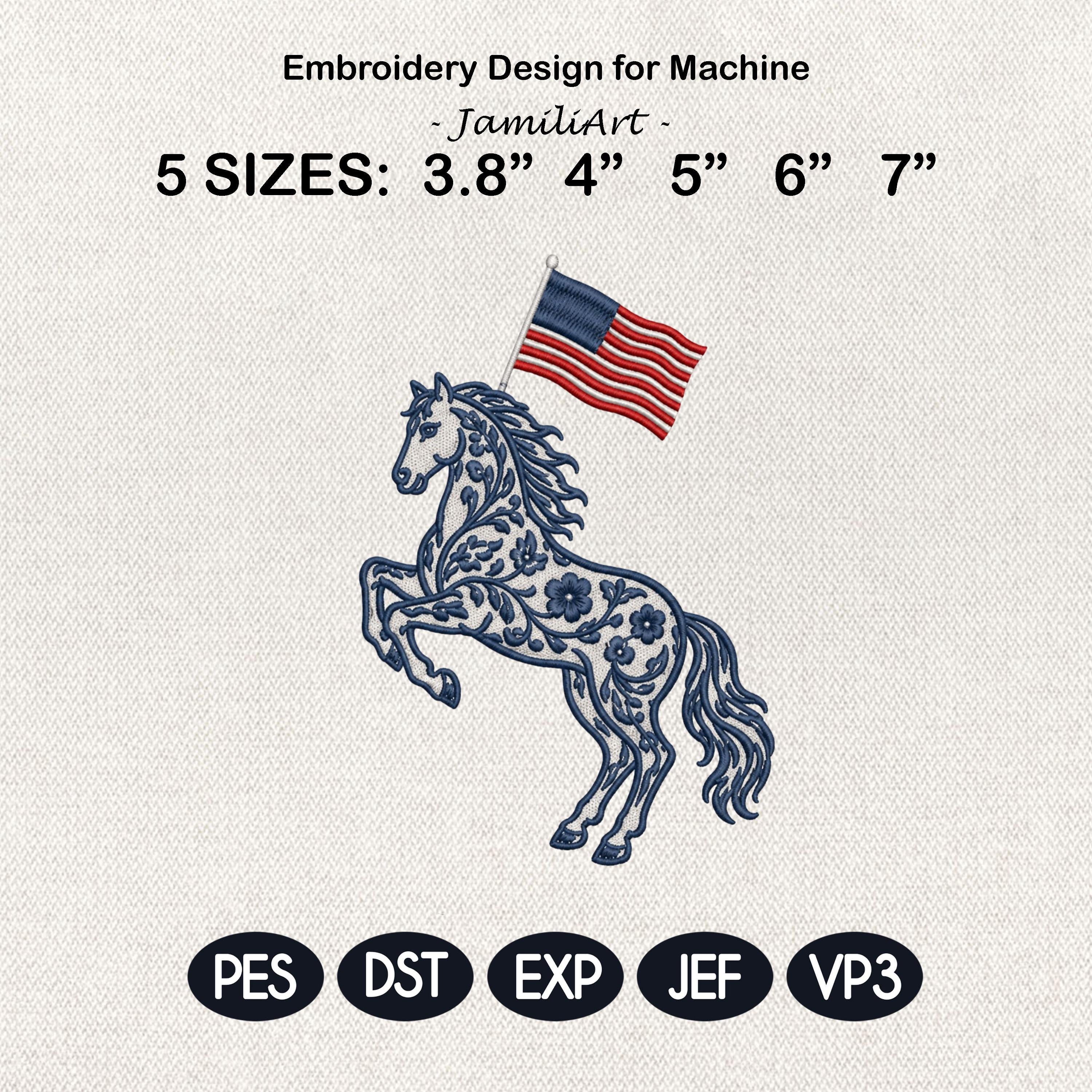 Chinoiserie Horse Embroidery Design with USA Flag, Patriotic Western Animal Machine Embroidery File, 4th of July, 5 sizes, Digital Download