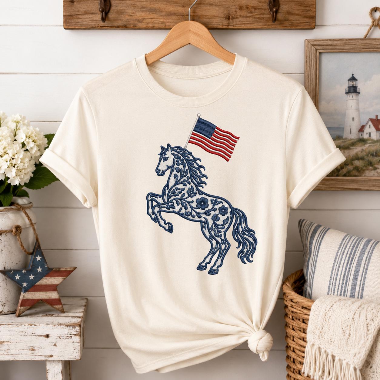Chinoiserie Horse Embroidery Design with USA Flag, Patriotic Western Animal Machine Embroidery File, 4th of July, 5 sizes, Digital Download - image 3