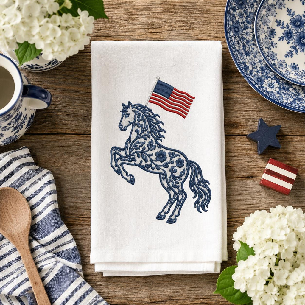 Chinoiserie Horse Embroidery Design with USA Flag, Patriotic Western Animal Machine Embroidery File, 4th of July, 5 sizes, Digital Download - image 6