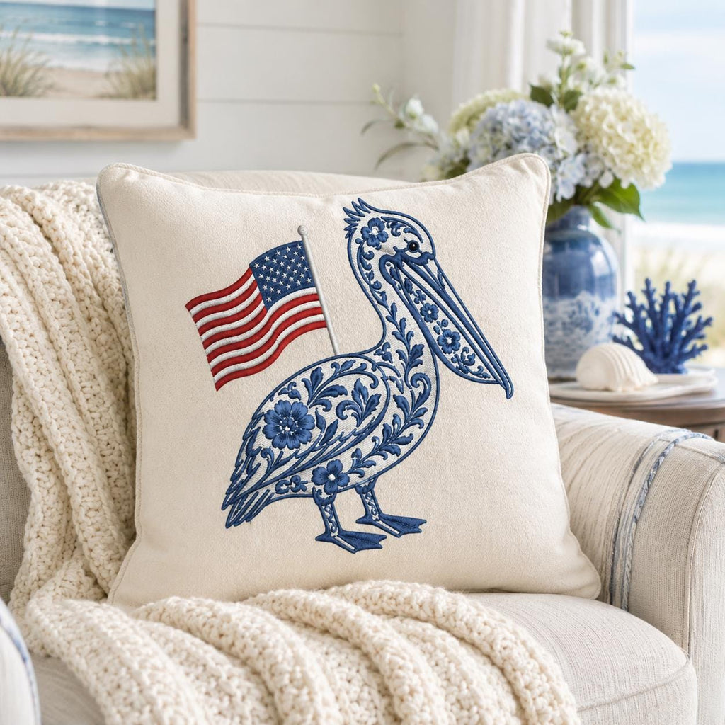 Chinoiserie Pelican Embroidery Design with USA Flag, Patriotic Coastal Bird Machine Embroidery File, 4th of July, 5 sizes, Digital Download - image 3