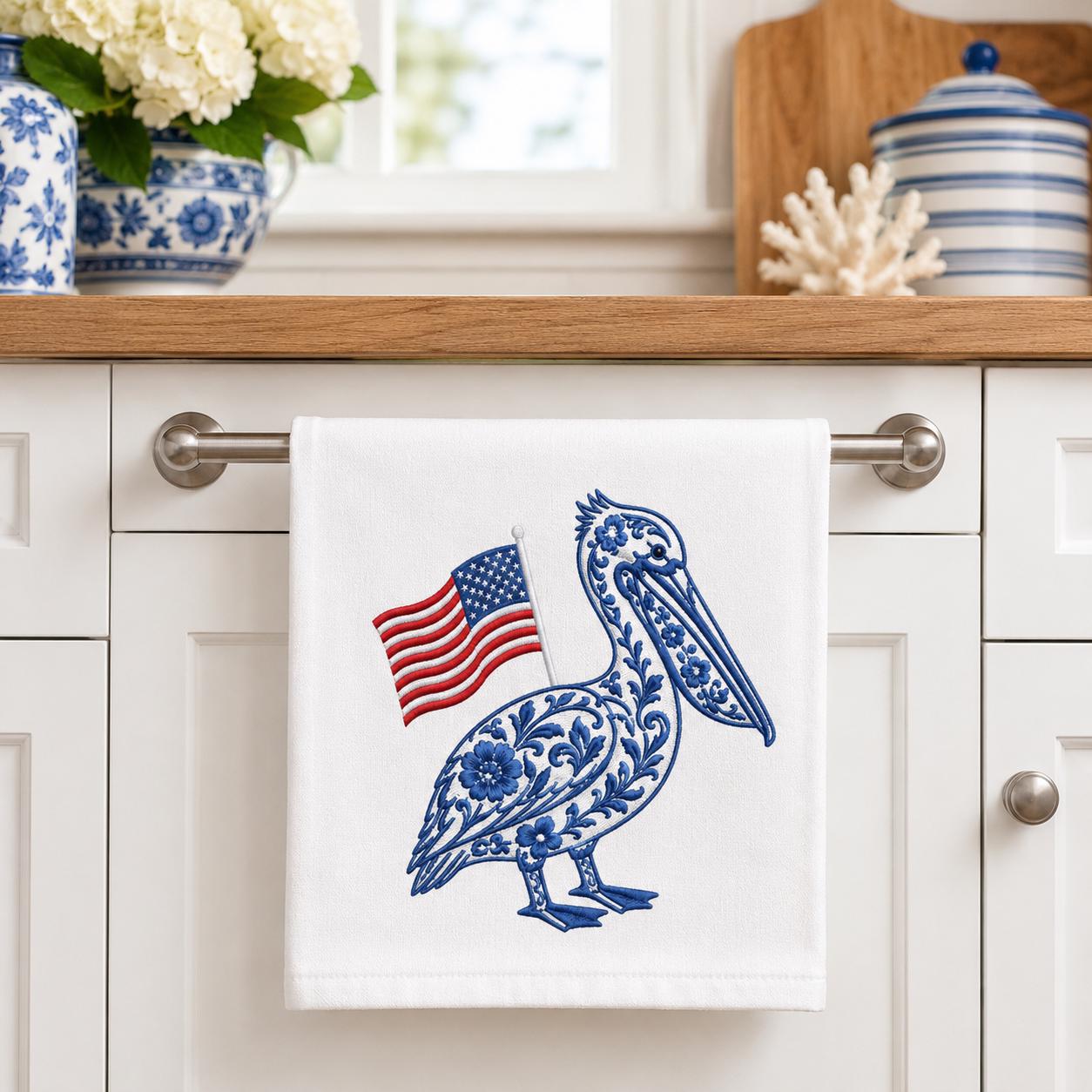 Chinoiserie Pelican Embroidery Design with USA Flag, Patriotic Coastal Bird Machine Embroidery File, 4th of July, 5 sizes, Digital Download - image 5