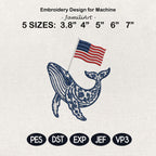 Chinoiserie Whale Embroidery Design with USA Flag, Patriotic Nautical Sea Life Machine Embroidery, 4th of July, 5 sizes, Digital Download