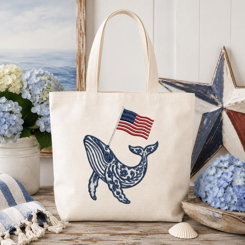 Chinoiserie Whale Embroidery Design with USA Flag, Patriotic Nautical Sea Life Machine Embroidery, 4th of July, 5 sizes, Digital Download - image 4
