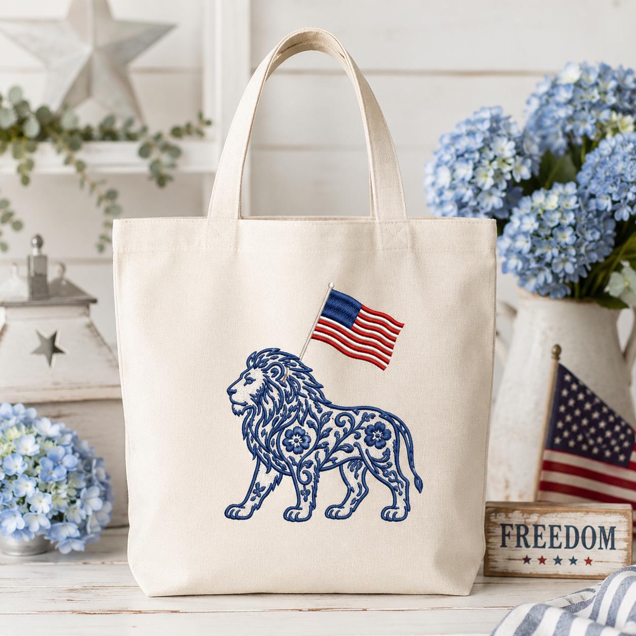 Chinoiserie Lion Embroidery Design with USA Flag, Patriotic Safari Animal Machine Embroidery File, 4th of July, 5 sizes, Digital Download - image 4