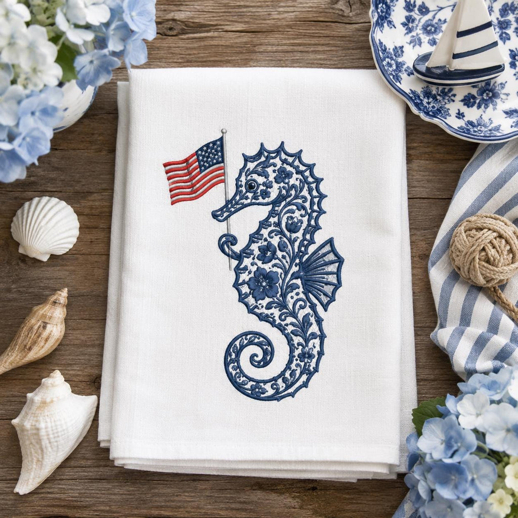 Chinoiserie Seahorse Embroidery Design with USA Flag, Patriotic Coastal Sea Life, 4th of July Machine Embroidery, 5 sizes, Digital Download - image 6