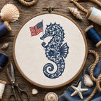 Chinoiserie Seahorse Embroidery Design with USA Flag, Patriotic Coastal Sea Life, 4th of July Machine Embroidery, 5 sizes, Digital Download - image 7