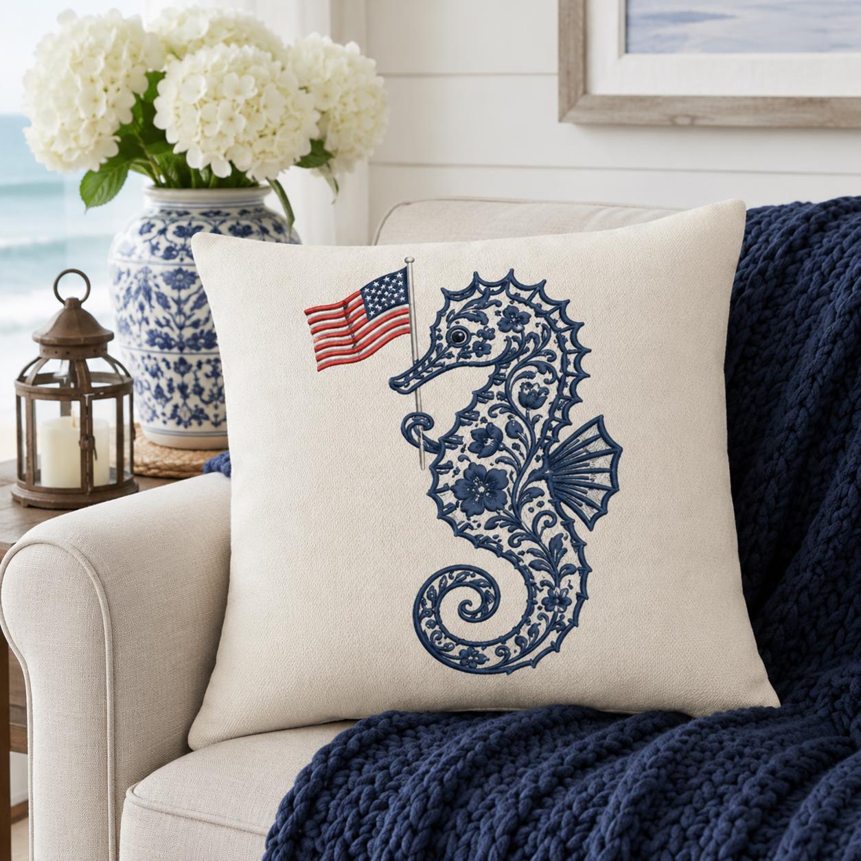 Chinoiserie Seahorse Embroidery Design with USA Flag, Patriotic Coastal Sea Life, 4th of July Machine Embroidery, 5 sizes, Digital Download - image 5