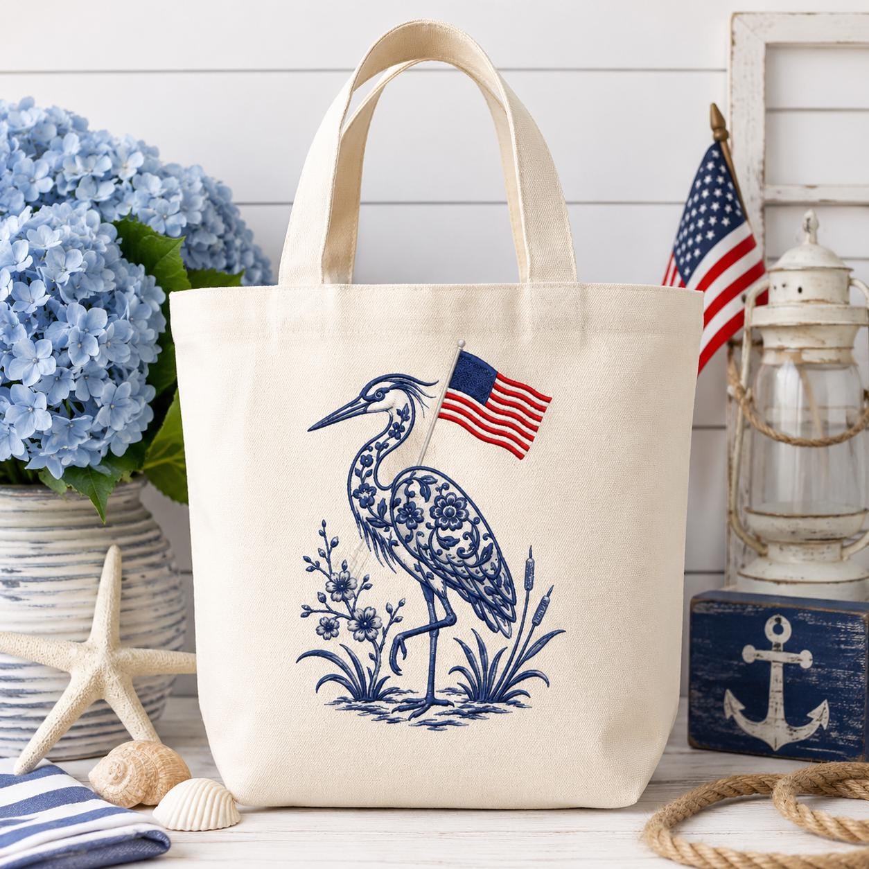Chinoiserie Heron Embroidery Design with USA Flag, Patriotic Coastal Bird, 4th of July Machine Embroidery File, 5 sizes, Digital Download - image 4