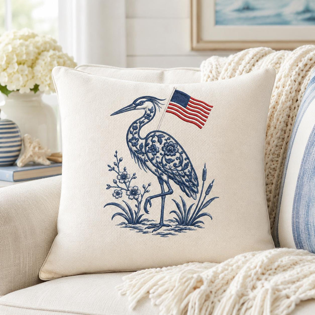 Chinoiserie Heron Embroidery Design with USA Flag, Patriotic Coastal Bird, 4th of July Machine Embroidery File, 5 sizes, Digital Download - image 3