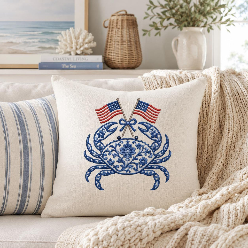 Chinoiserie Crab Embroidery Design with Crossed USA Flags, Patriotic Nautical Sea Life, 4th of July Embroidery, 5 sizes, Digital Download - image 3