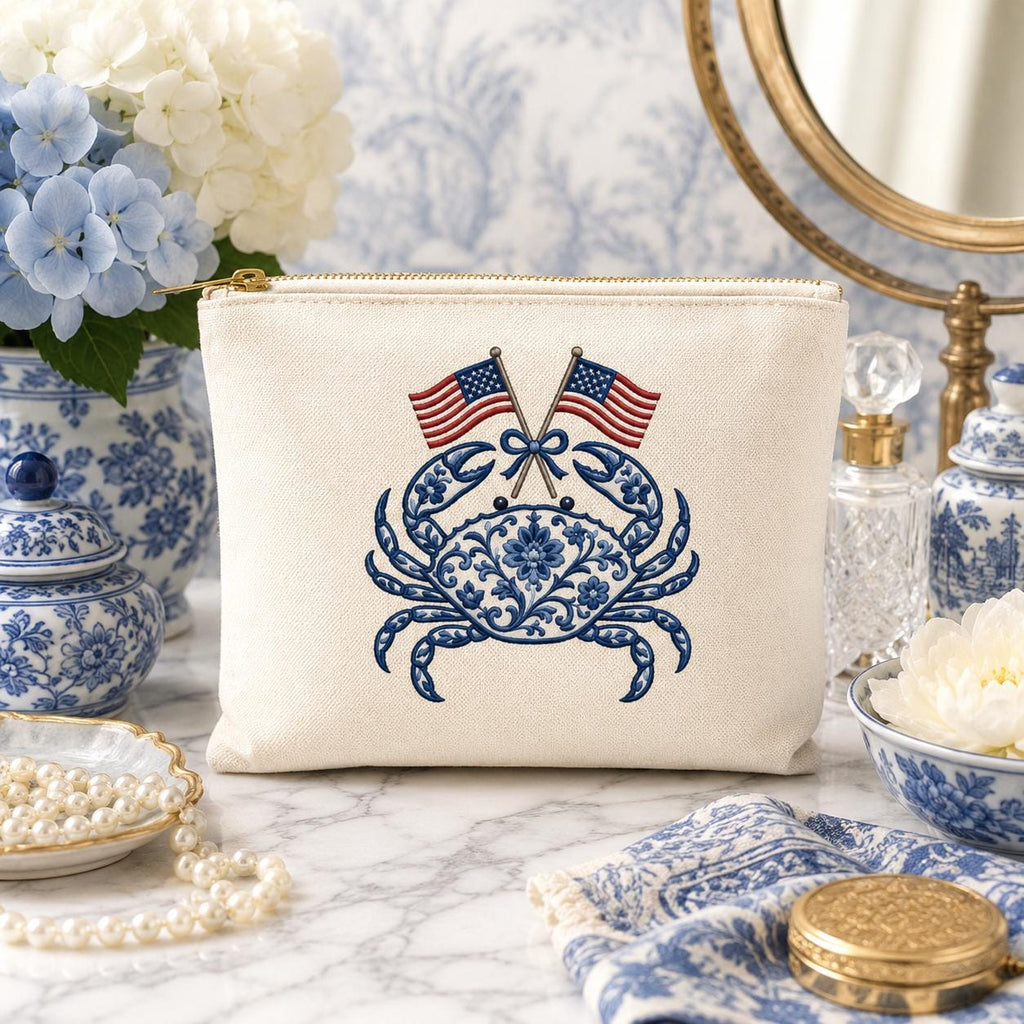 Chinoiserie Crab Embroidery Design with Crossed USA Flags, Patriotic Nautical Sea Life, 4th of July Embroidery, 5 sizes, Digital Download - image 7