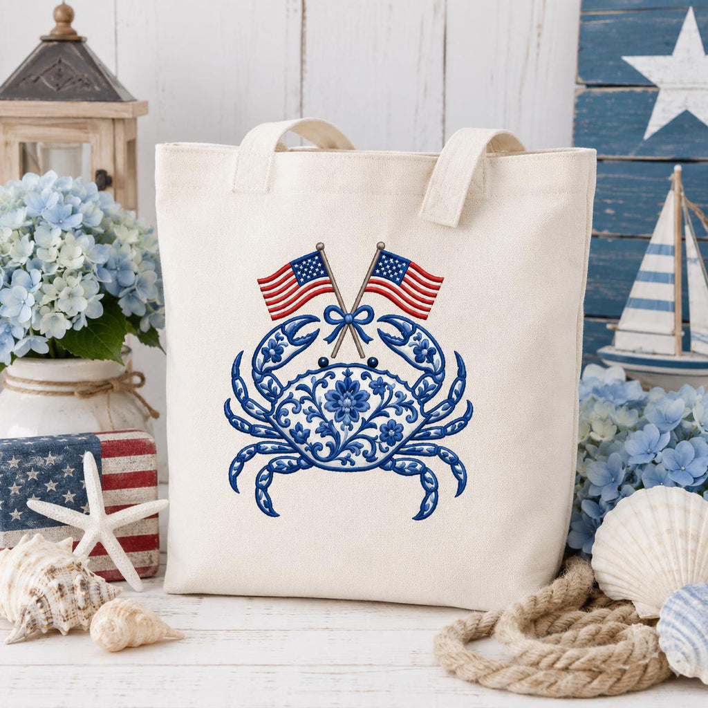 Chinoiserie Crab Embroidery Design with Crossed USA Flags, Patriotic Nautical Sea Life, 4th of July Embroidery, 5 sizes, Digital Download - image 4