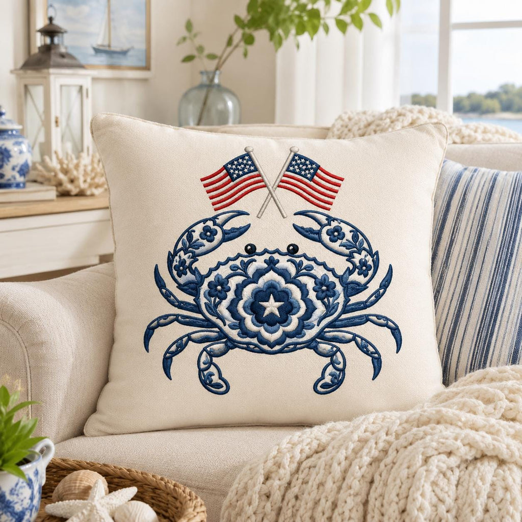 Patriotic Chinoiserie Crab Embroidery Design with USA Flags, Blue Floral Coastal Crab, 4th of July Embroidery, 5 sizes, Digital Download - image 3