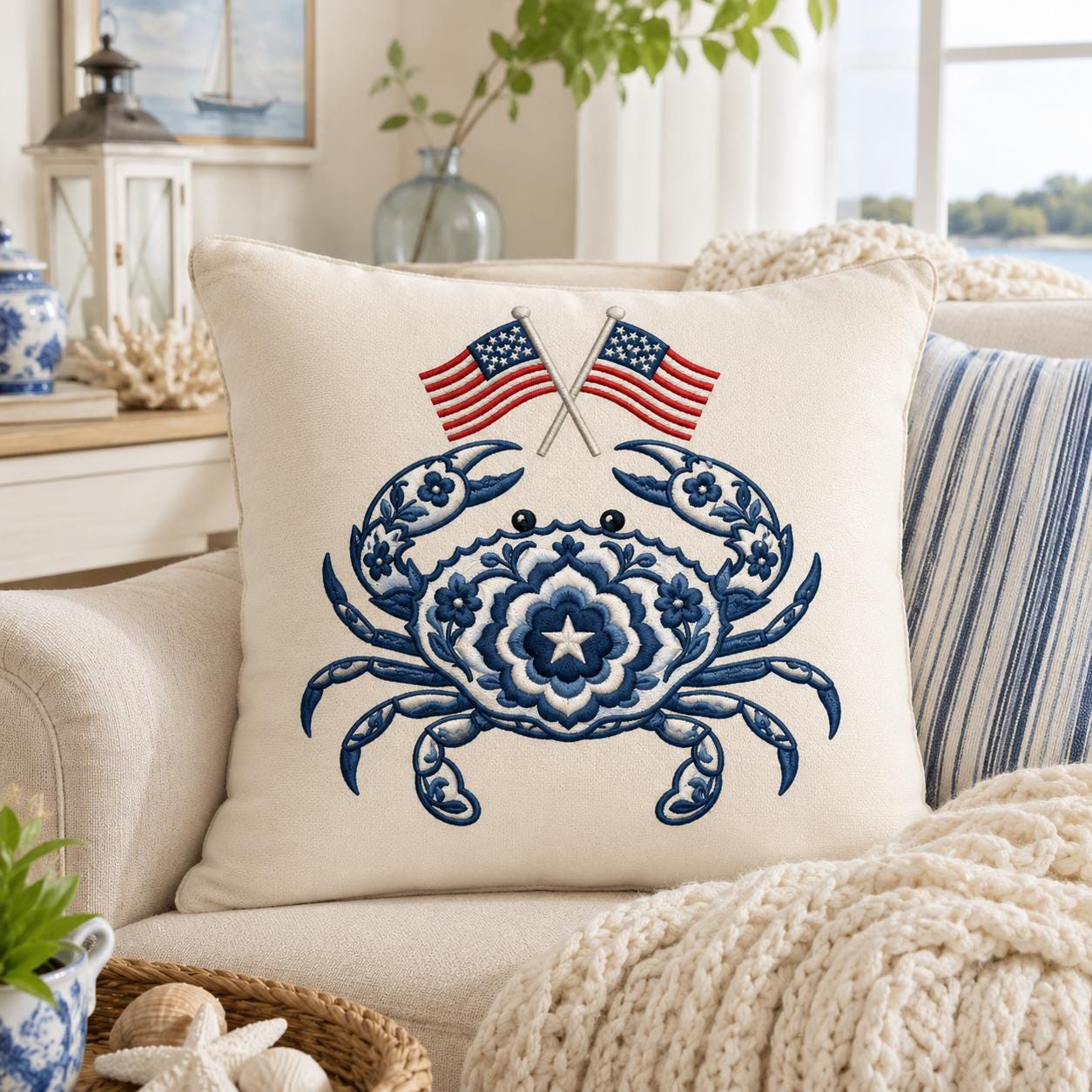 Patriotic Chinoiserie Crab Embroidery Design with USA Flags, Blue Floral Coastal Crab, 4th of July Embroidery, 5 sizes, Digital Download - image 3