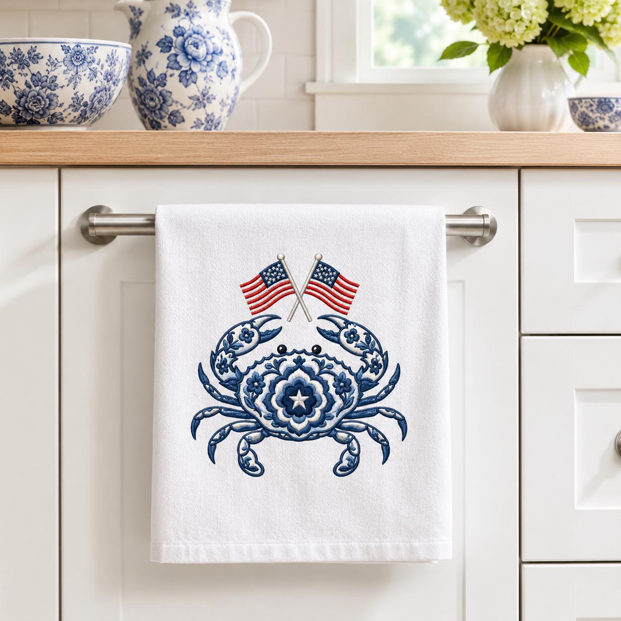 Patriotic Chinoiserie Crab Embroidery Design with USA Flags, Blue Floral Coastal Crab, 4th of July Embroidery, 5 sizes, Digital Download - image 5