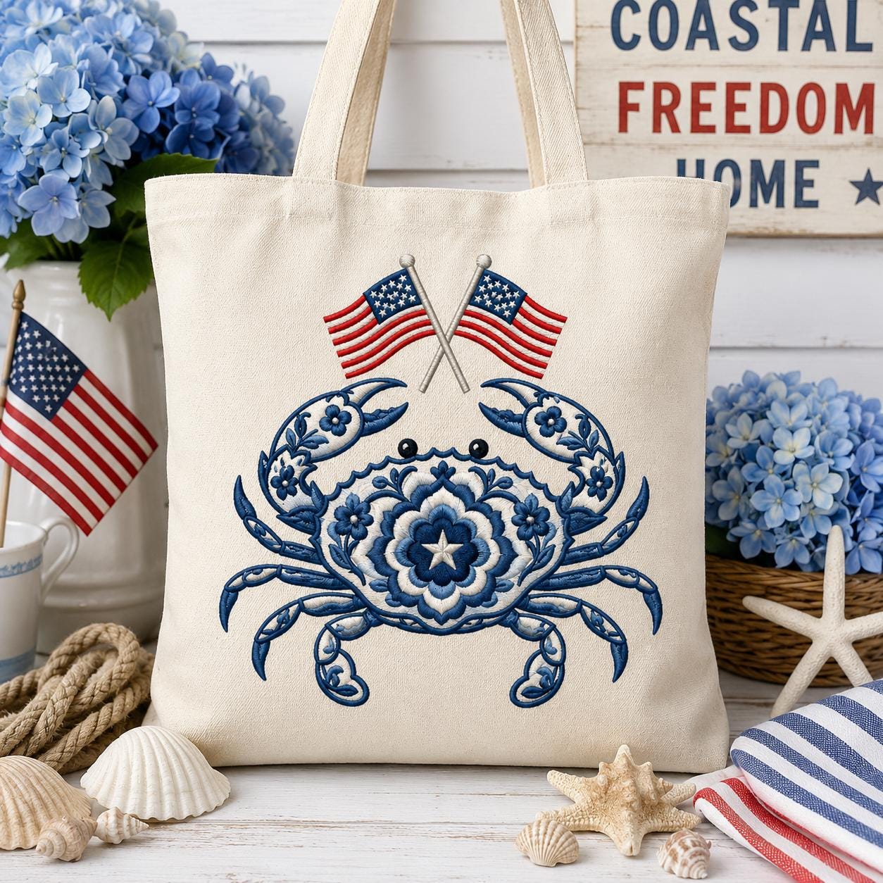 Patriotic Chinoiserie Crab Embroidery Design with USA Flags, Blue Floral Coastal Crab, 4th of July Embroidery, 5 sizes, Digital Download - image 4