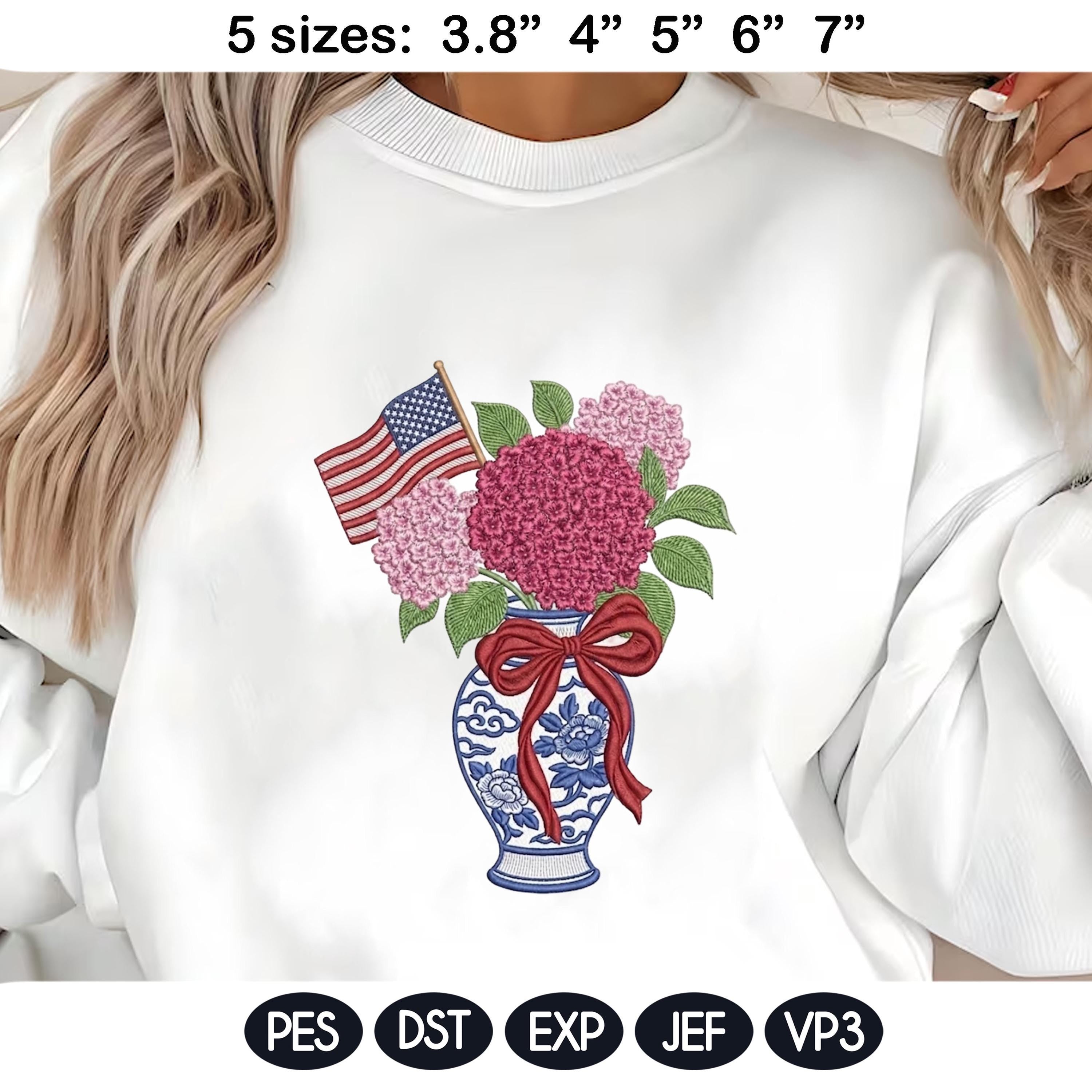 Chinoiserie Hydrangea Embroidery Design with USA Flag, Patriotic Floral Vase, 4th of July Machine Embroidery File, 5 sizes, Digital Download - image 4